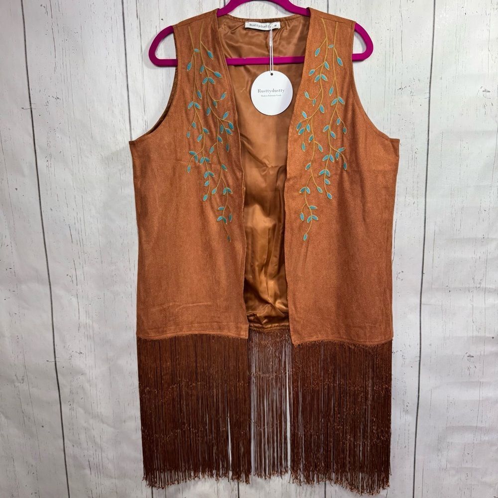 Rusttydustty Fringe Vest Brown Boho Western Embroidered M Festival Coachella